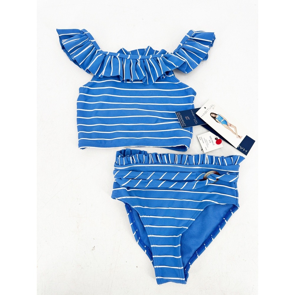 Habitual Girl Bikini Swimsuit 5/6 Blue Striped Ruffle UPF 50 Beachwear Summer
